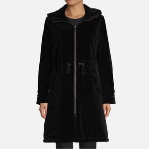 Jane Post Womn M Water Repellent Longline Drawstring Hooded Velvet Rain Coat NWT